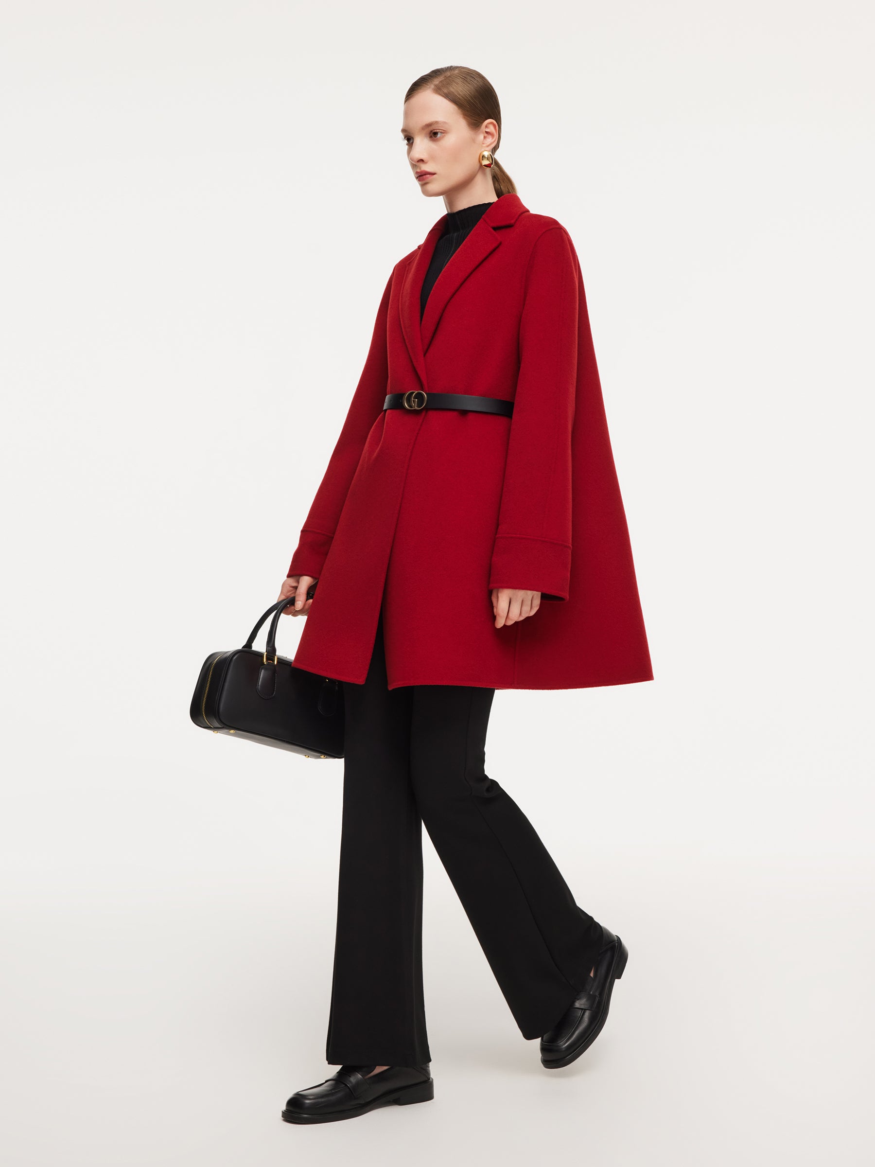 Cashmere Wool Blend Double-Faced Women Cape Coat With Leather Belt GOELIA