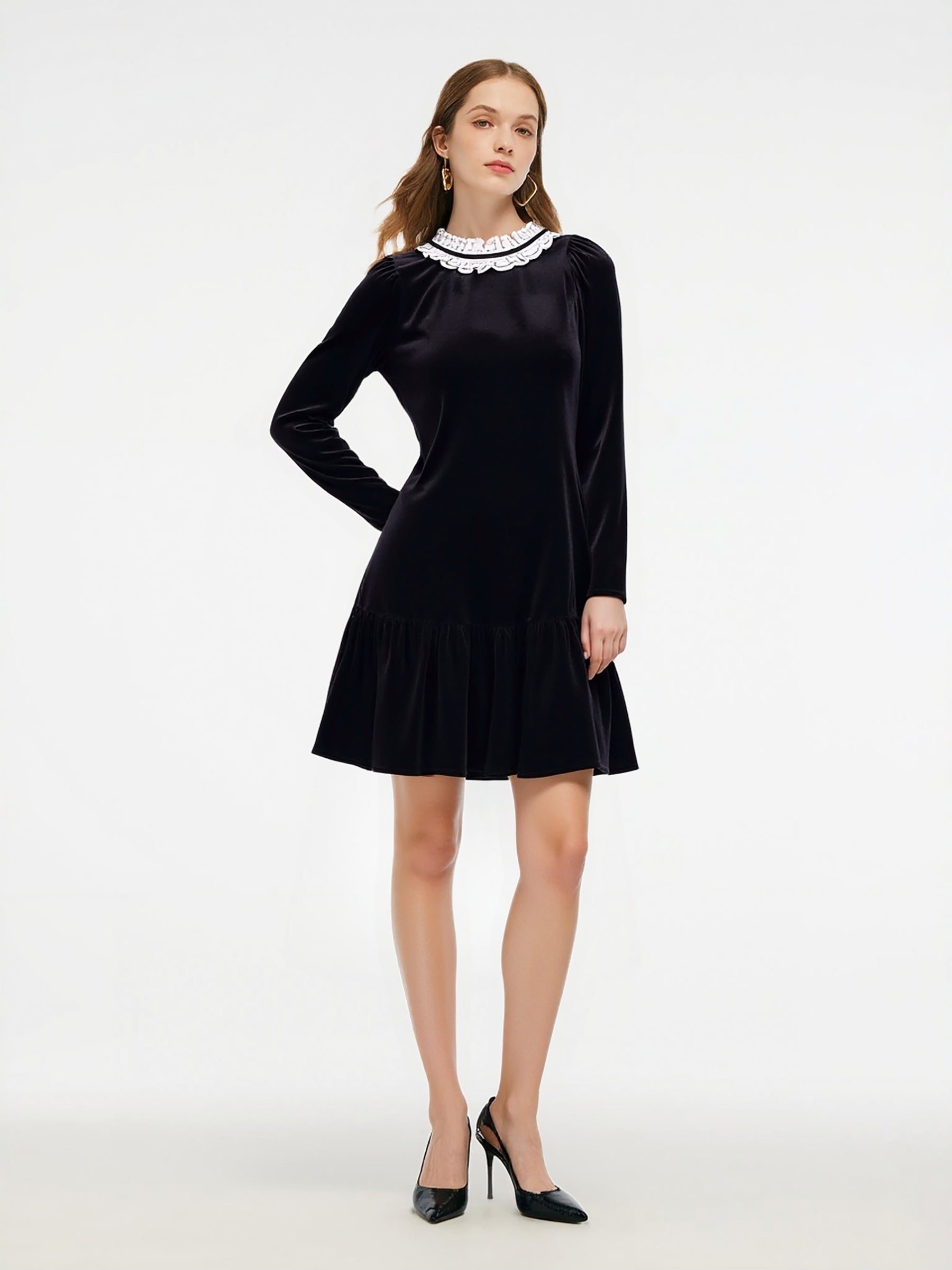[Preview] Velvet Ruffle Round Neck Women Mini Dress GOELIA