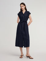 100% Linen V-Neck Women Self-Tie Belt Maxi Dress With Skirt Lining GOELIA