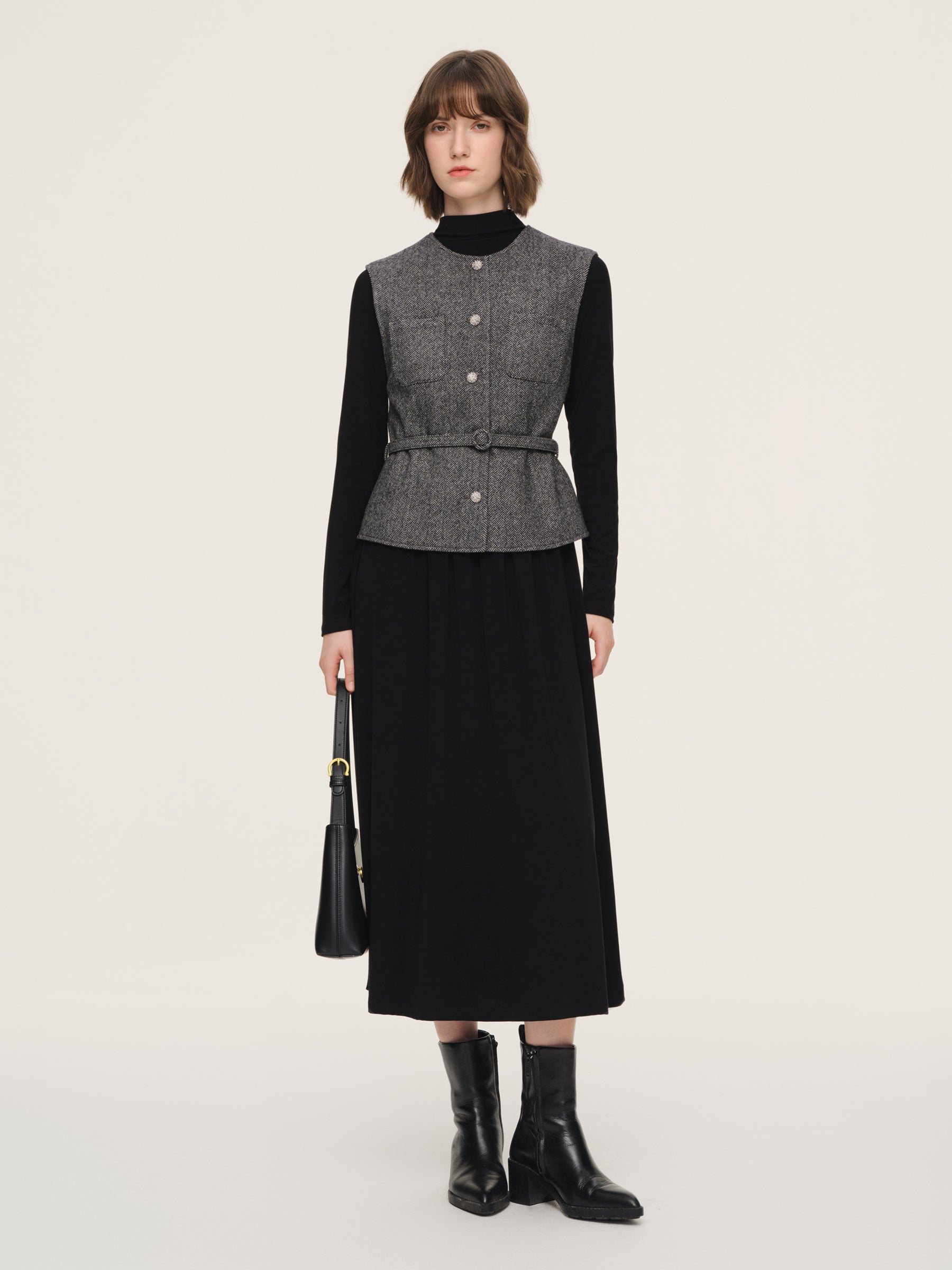 Washable Wool Vest And Knit Dress Two-Piece Set With Belt GOELIA