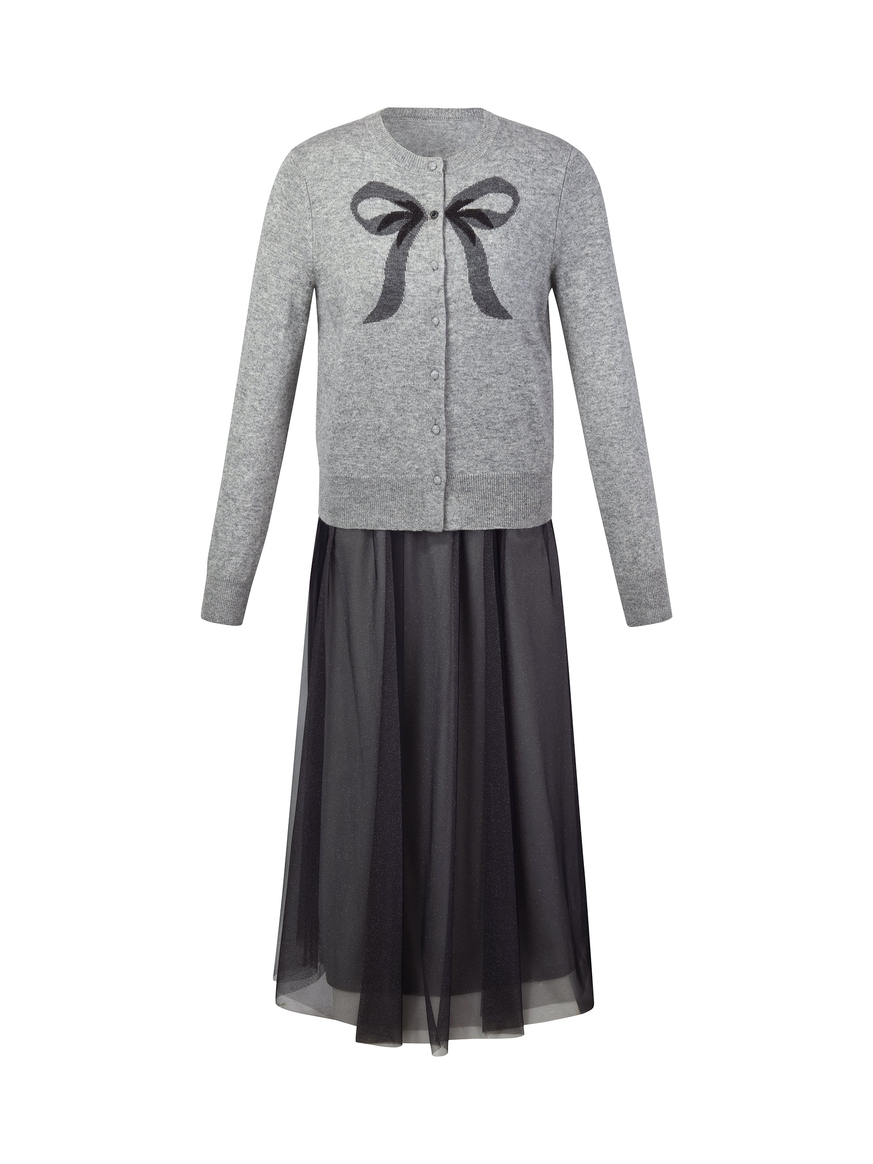 [Preview] Wool Blend Bow Cardigan And Sequins Mesh Skirt Two-Piece Set GOELIA