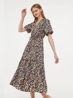 Cotton Puff Sleeve Drawstring Waist Floral Print Women Midi Dress GOELIA