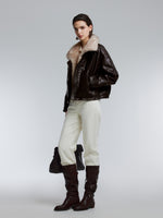 [Preview] PU Leather Goose Down Jacket With Detachable Faux Fur Collar GOELIA