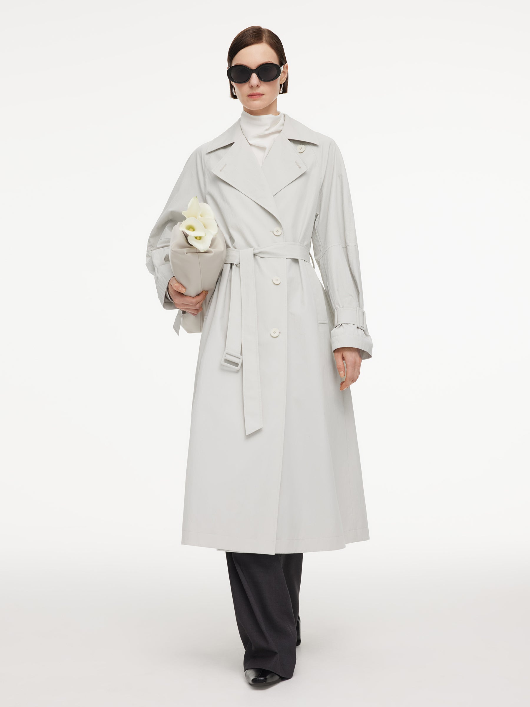 Cotton Blend Relaxed H-line Women Belted Long Trench Coat GOELIA