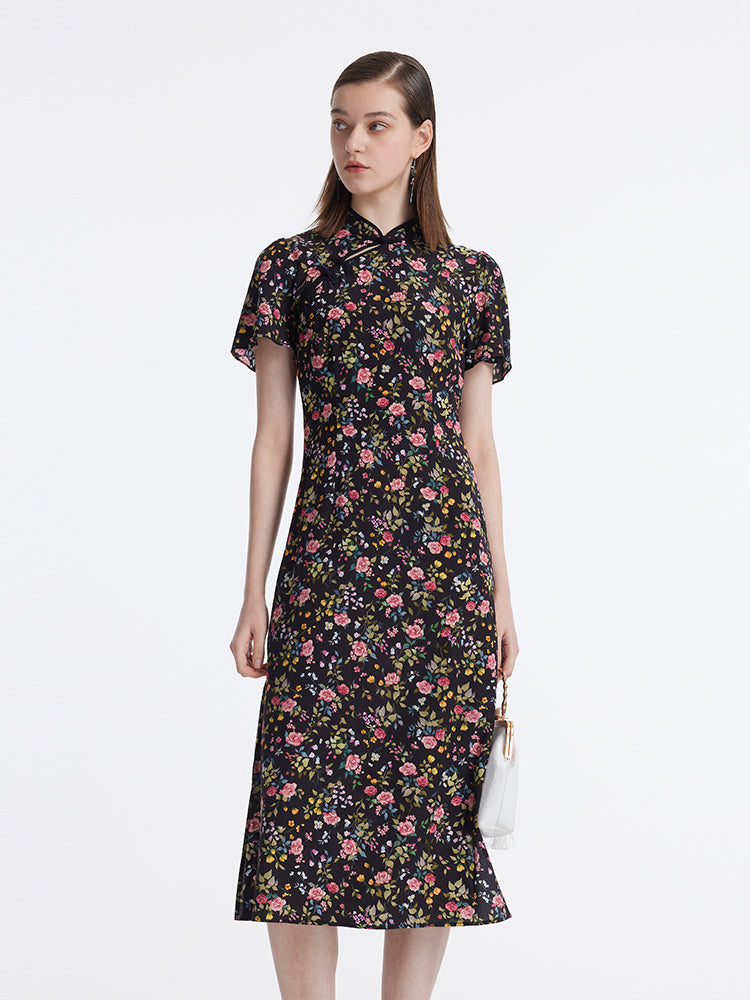 Mulberry Silk Slit Rose Printed Women Qipao Midi Dress GOELIA