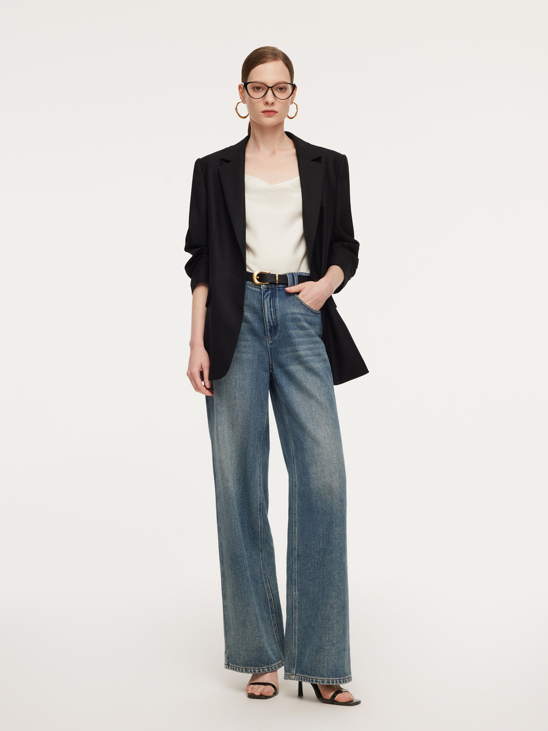 100% Worsted Wool 3/4 Ruched Sleeves Women Blazer GOELIA