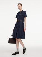 Gather-Waisted Women Midi Shirt Dress With Leather Belt GOELIA