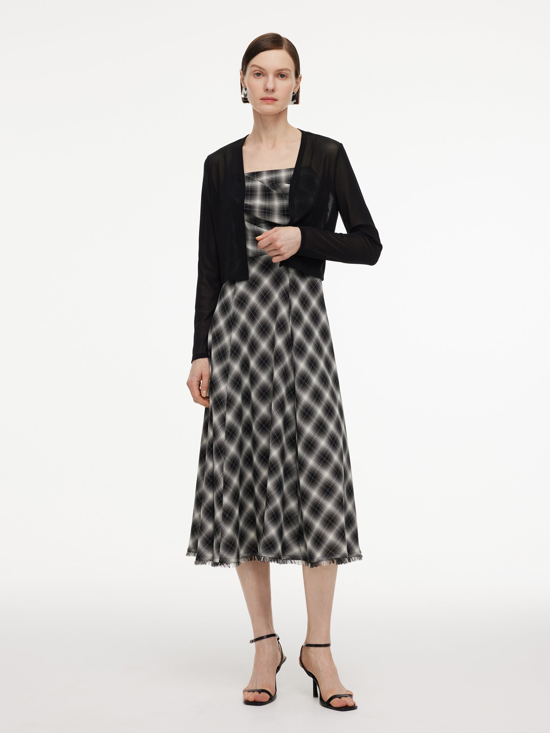 Plaid Fringed Hem Strap Dress And Cardigan Two-Piece Set GOELIA