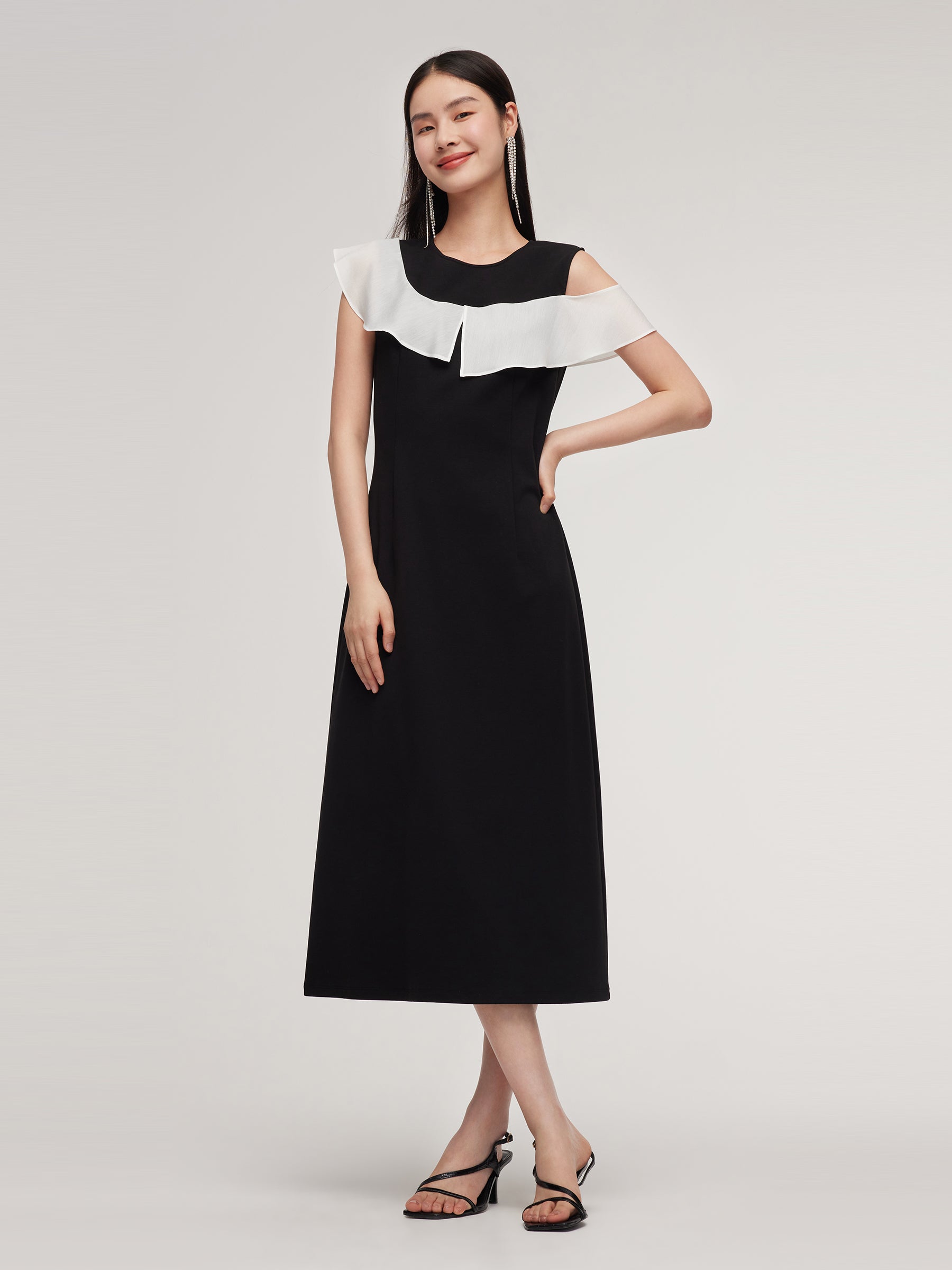 Color Block Ruffle Women Knit Midi Dress GOELIA