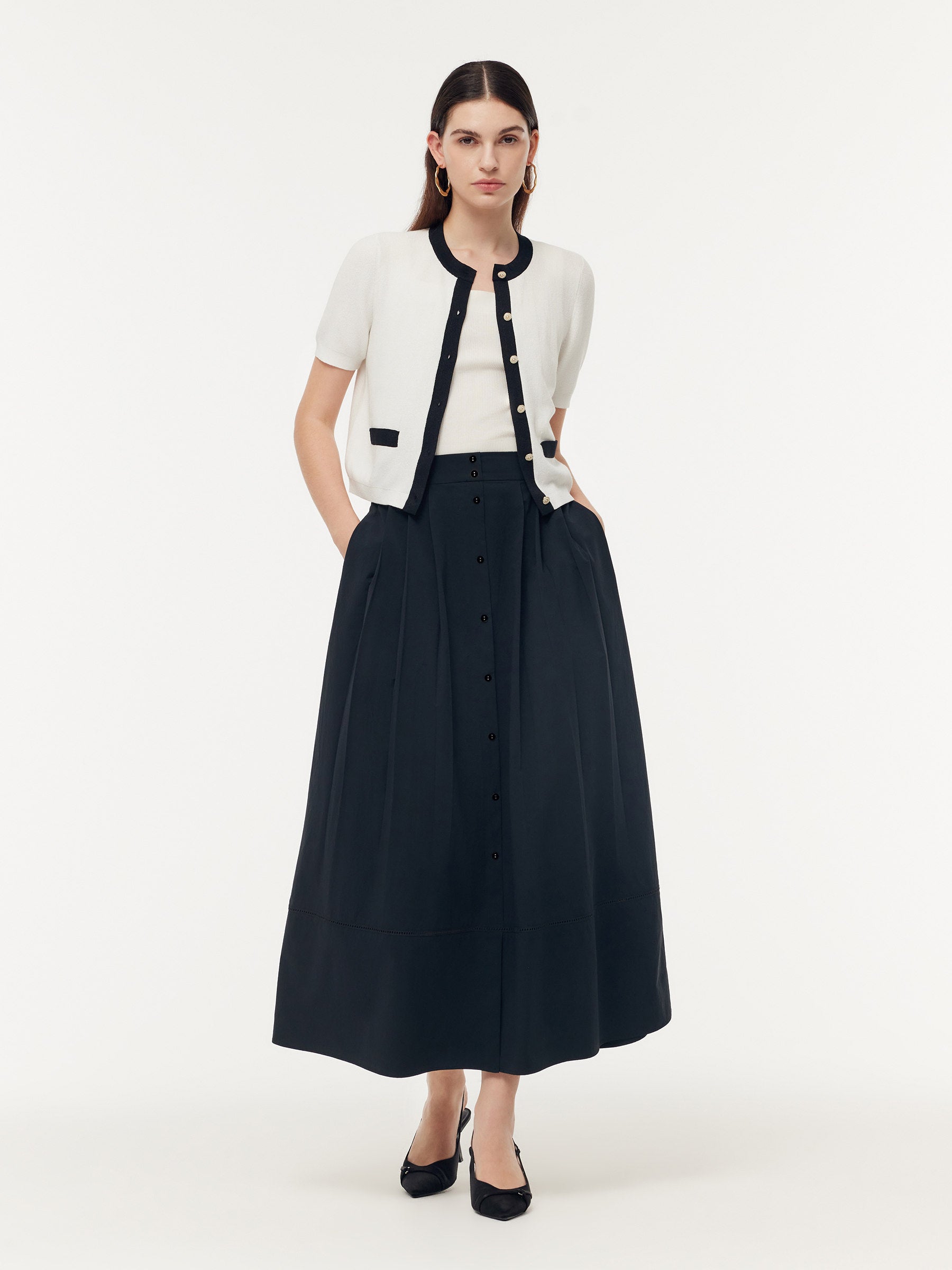 A Line Elastic Waist Pleat Women Maxi Skirt GOELIA