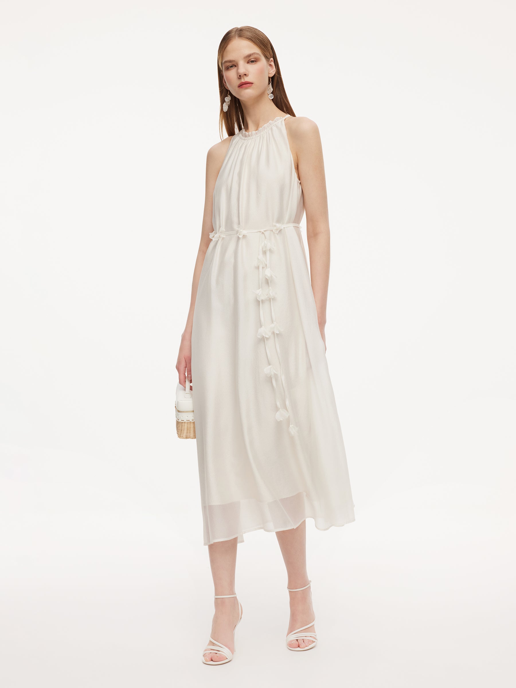 Ruffle Neckline Women Halter Maxi Dress With Floral Ribbon GOELIA