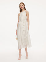 Ruffle Neckline Women Halter Maxi Dress With Floral Ribbon GOELIA