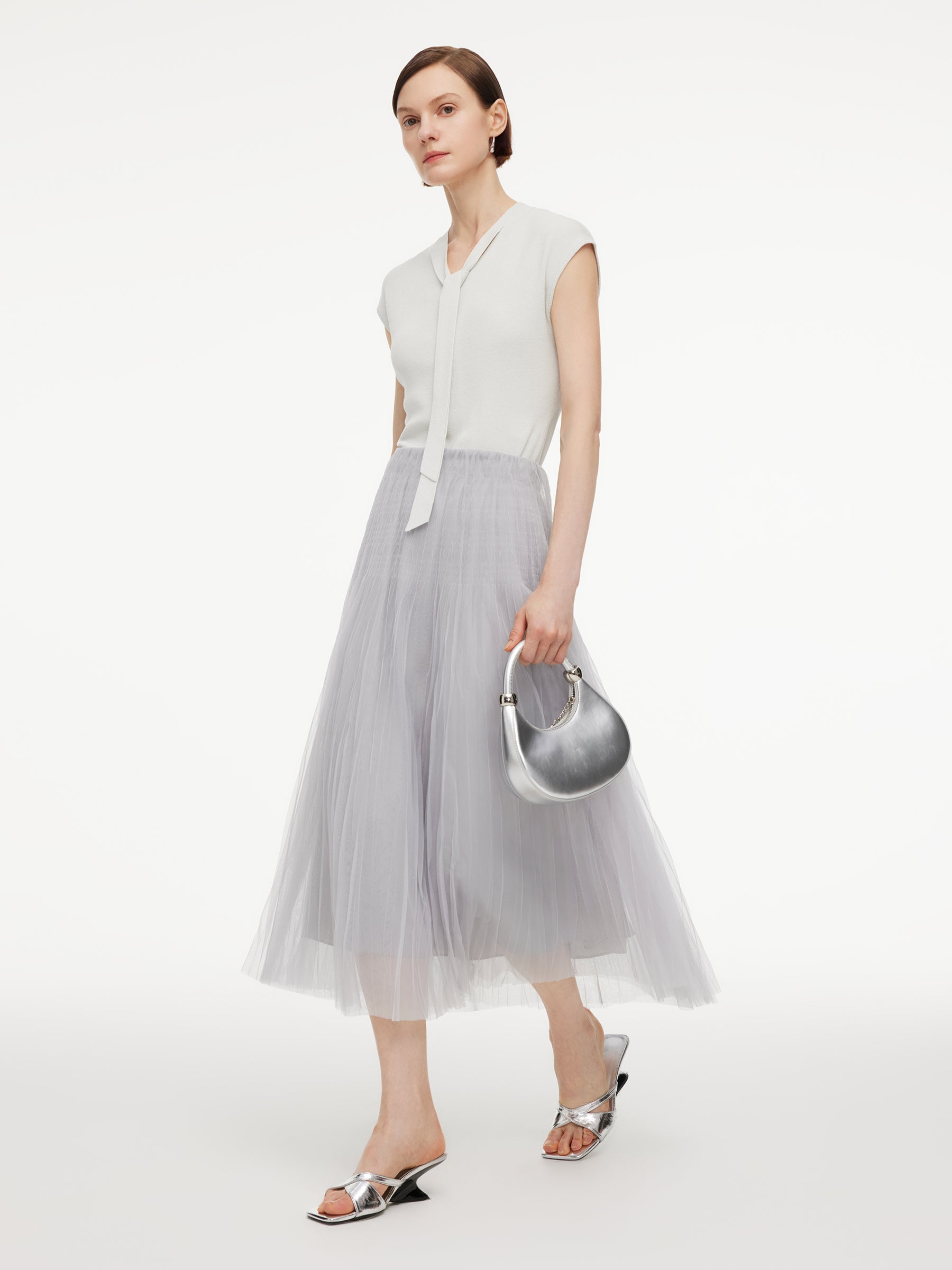 Elastic Waist A-Line Pleated Women Mesh Skirt GOELIA