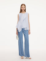 Lyocell Blend Light Blue Ruffle-Detailing Women Tank Top GOELIA