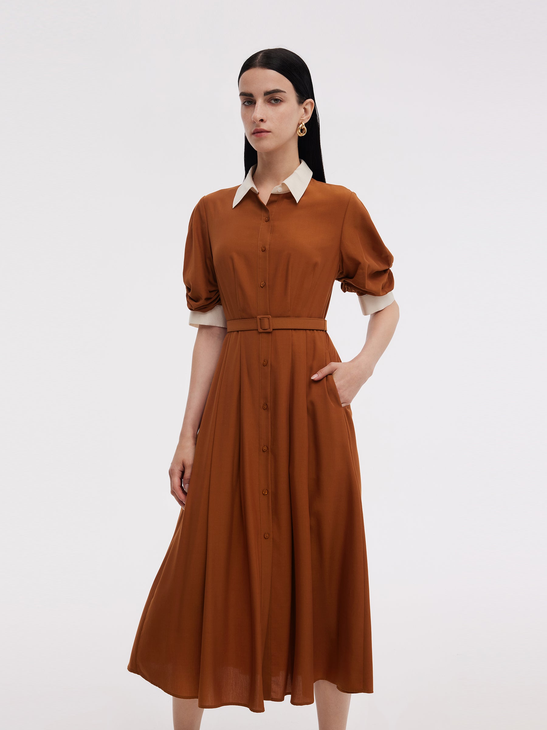 Tencel Acetate Blend Color Block Women Midi Dress GOELIA