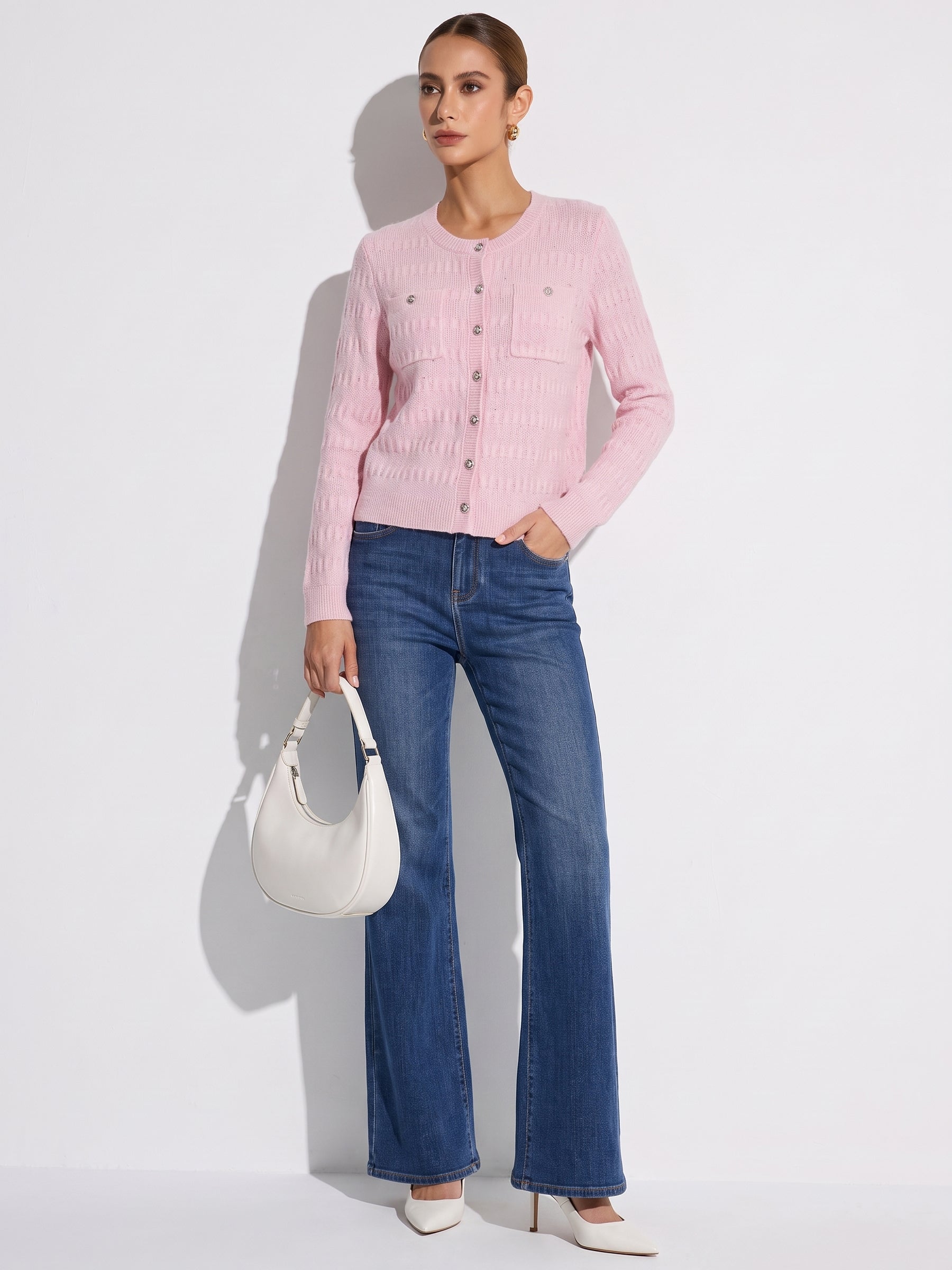 Wool Blend Round Neck Sequins Women Cardigan GOELIA