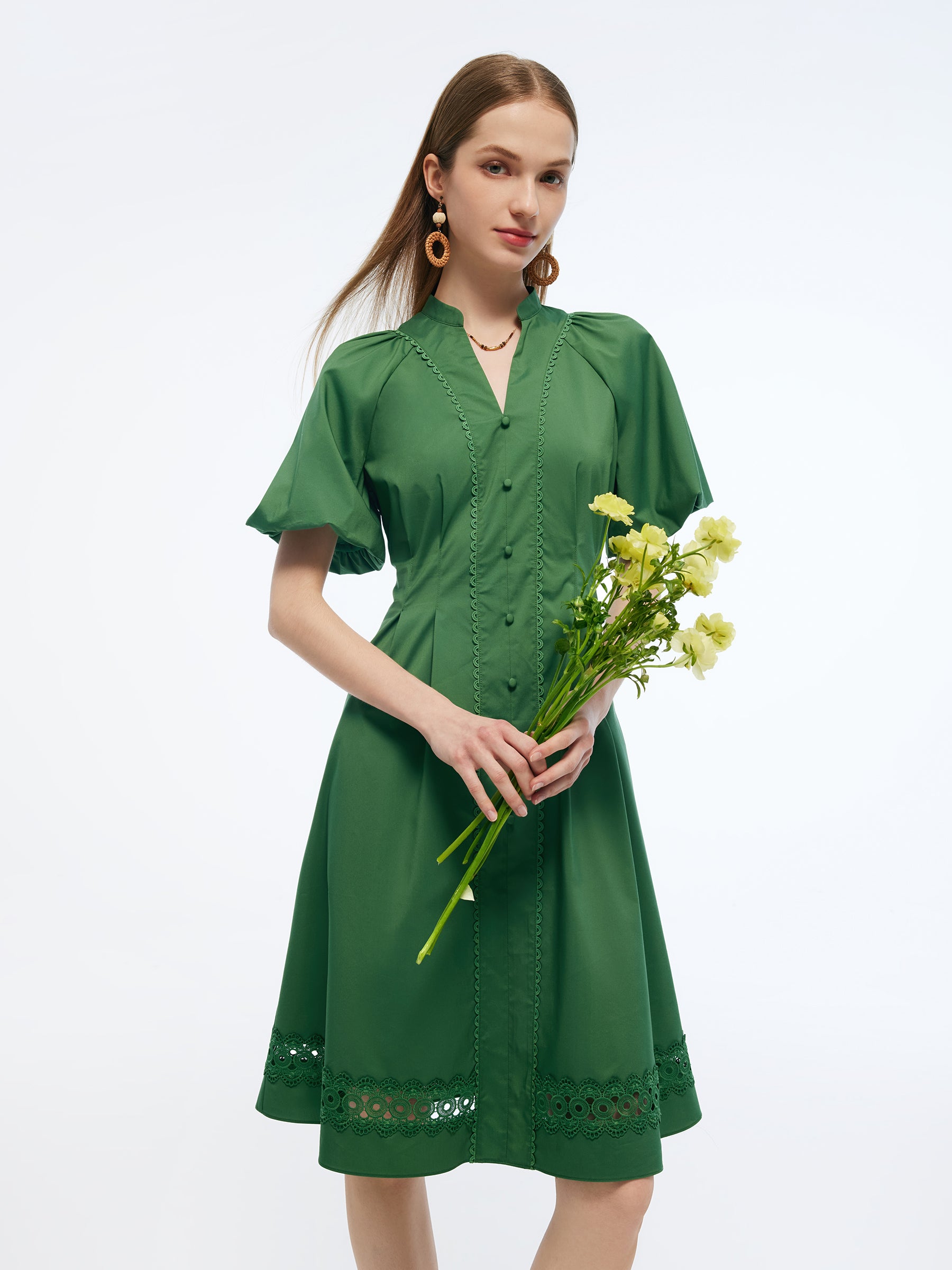 Gathered Waist Puff Sleeve Women Midi Dress GOELIA