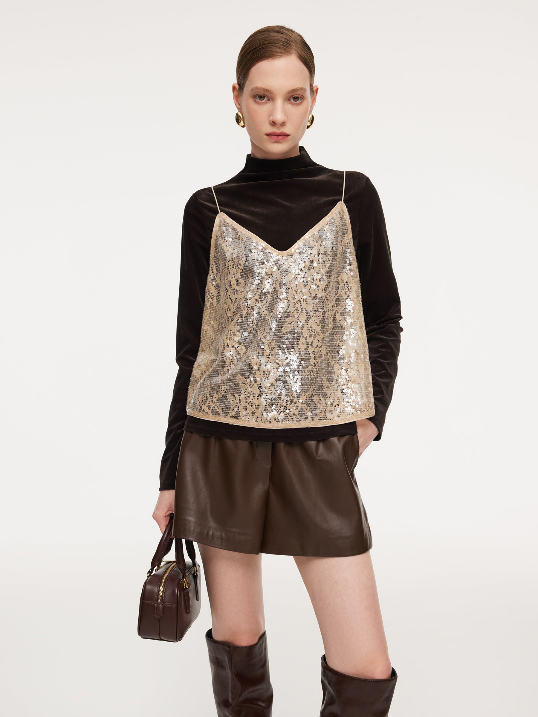 Lace Sequins Camisole And Velvet Knit Top Two-Piece Set GOELIA