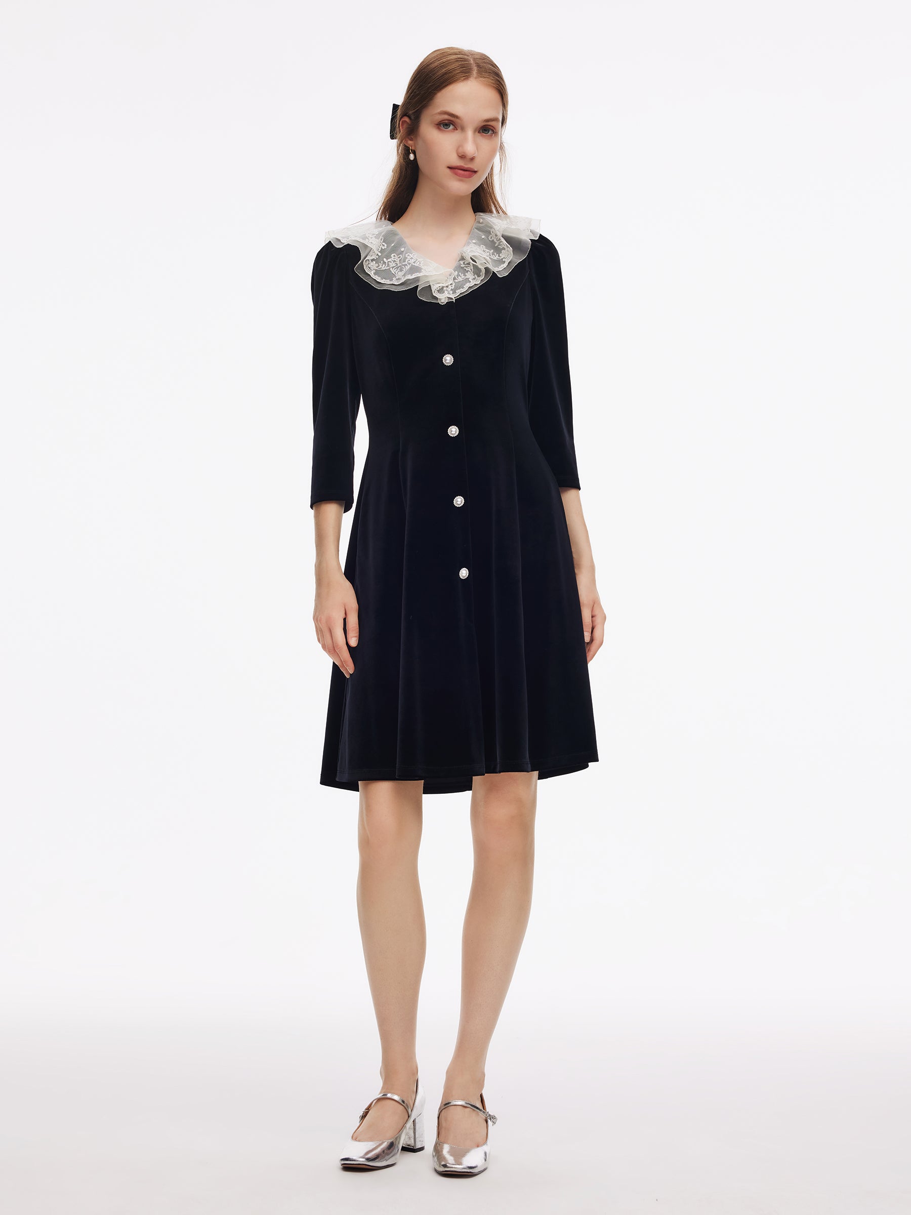 Velvet Patchwork Embroidered Collar Women Mini Dress GOELIA