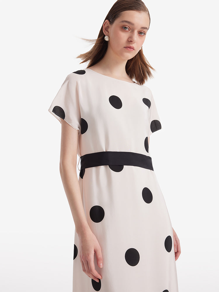 16 Momme Mulberry Silk Boat Neck Polka Dots Printed Women Midi Dress With Belt And Scrunchie GOELIA