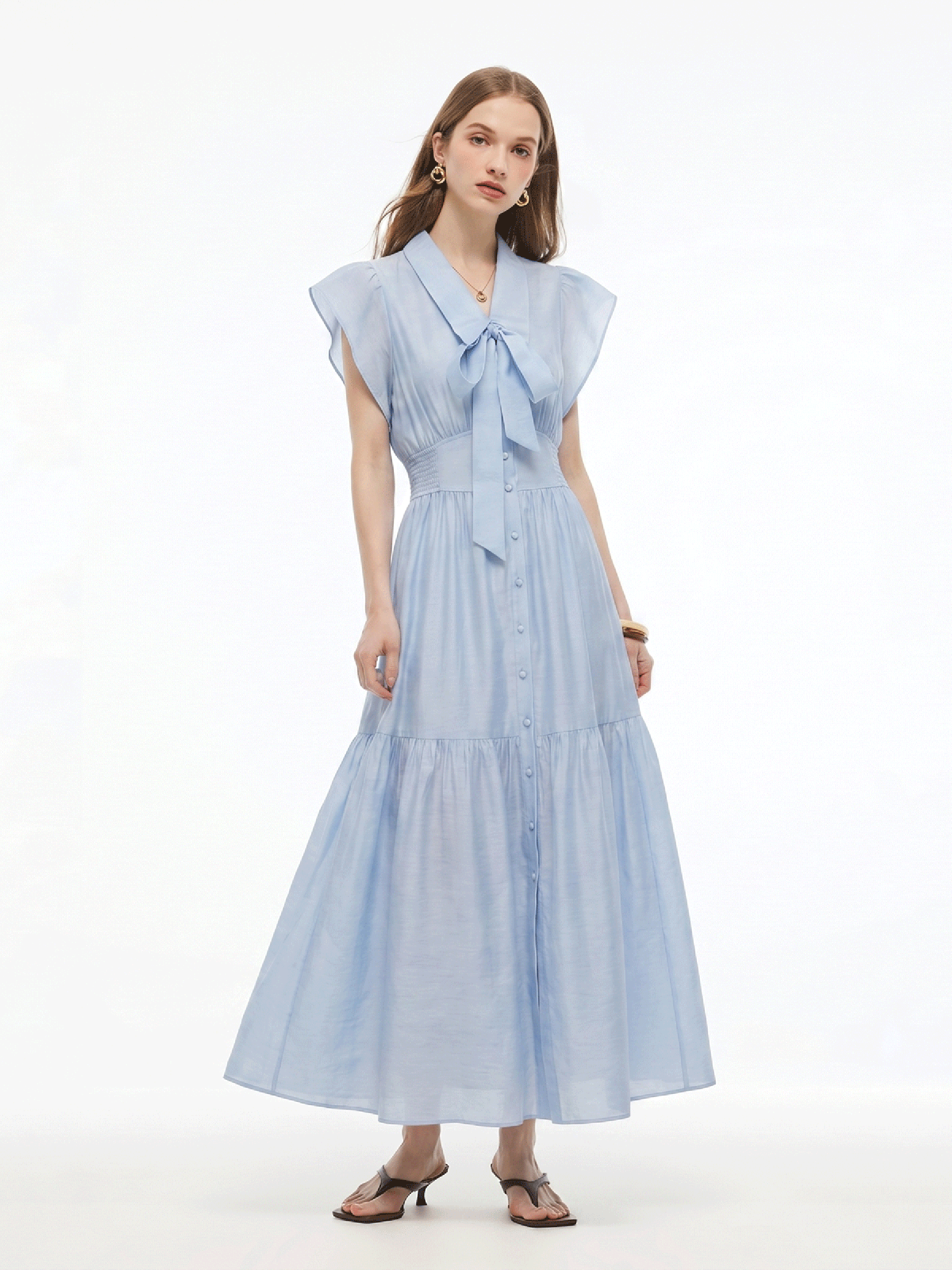 Tencel Acetate Blend Ruffle Cap Sleeve Women Maxi Dress With Ribbon GOELIA