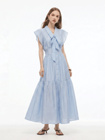 Tencel Acetate Blend Ruffle Cap Sleeve Women Maxi Dress With Ribbon GOELIA