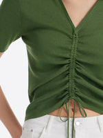 V-Neck Drawstring Lapel Knitted Women Top GOELIA