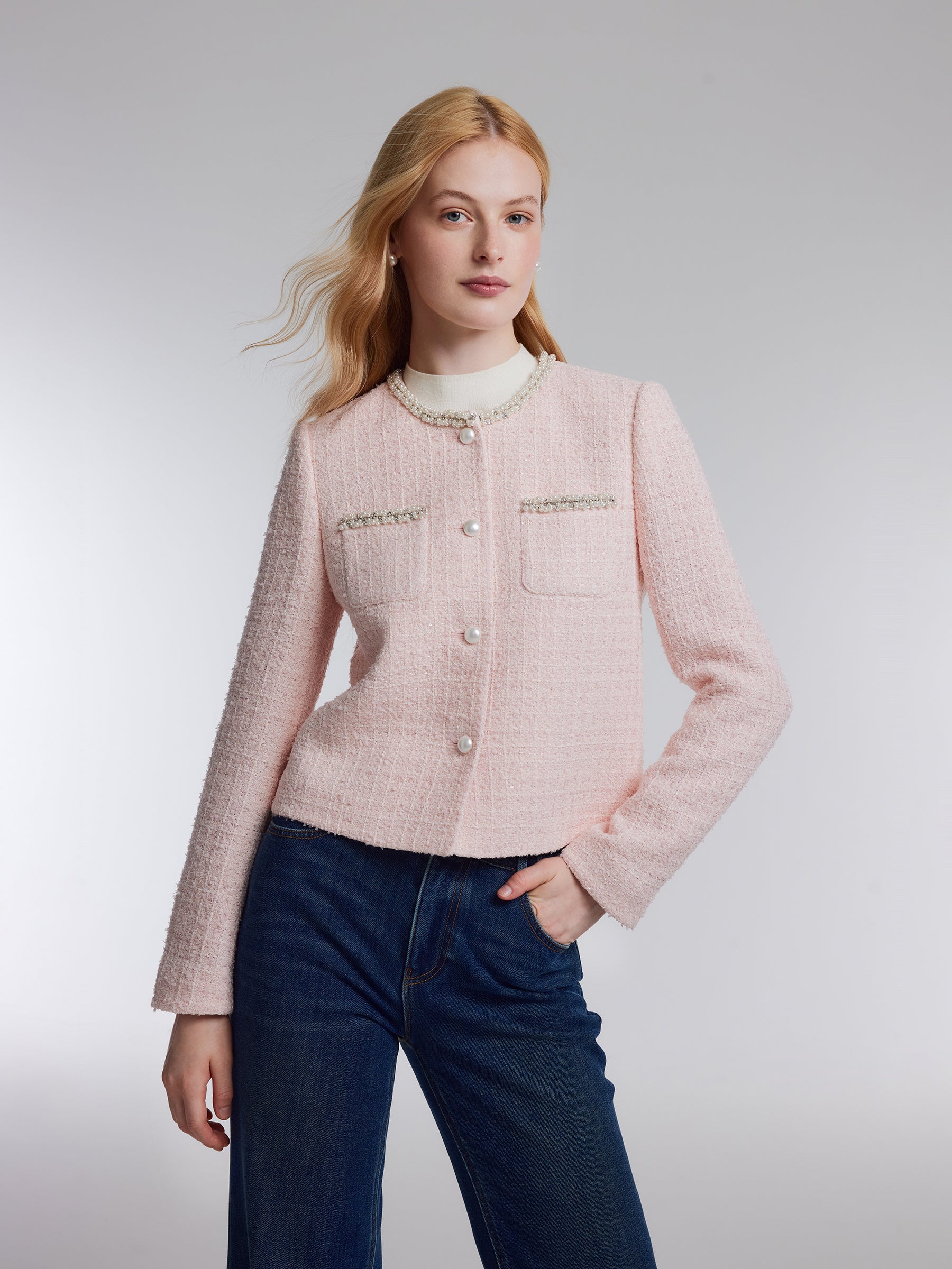 [Preview] Tweed Beaded Neck Women Cropped Jacket GOELIA
