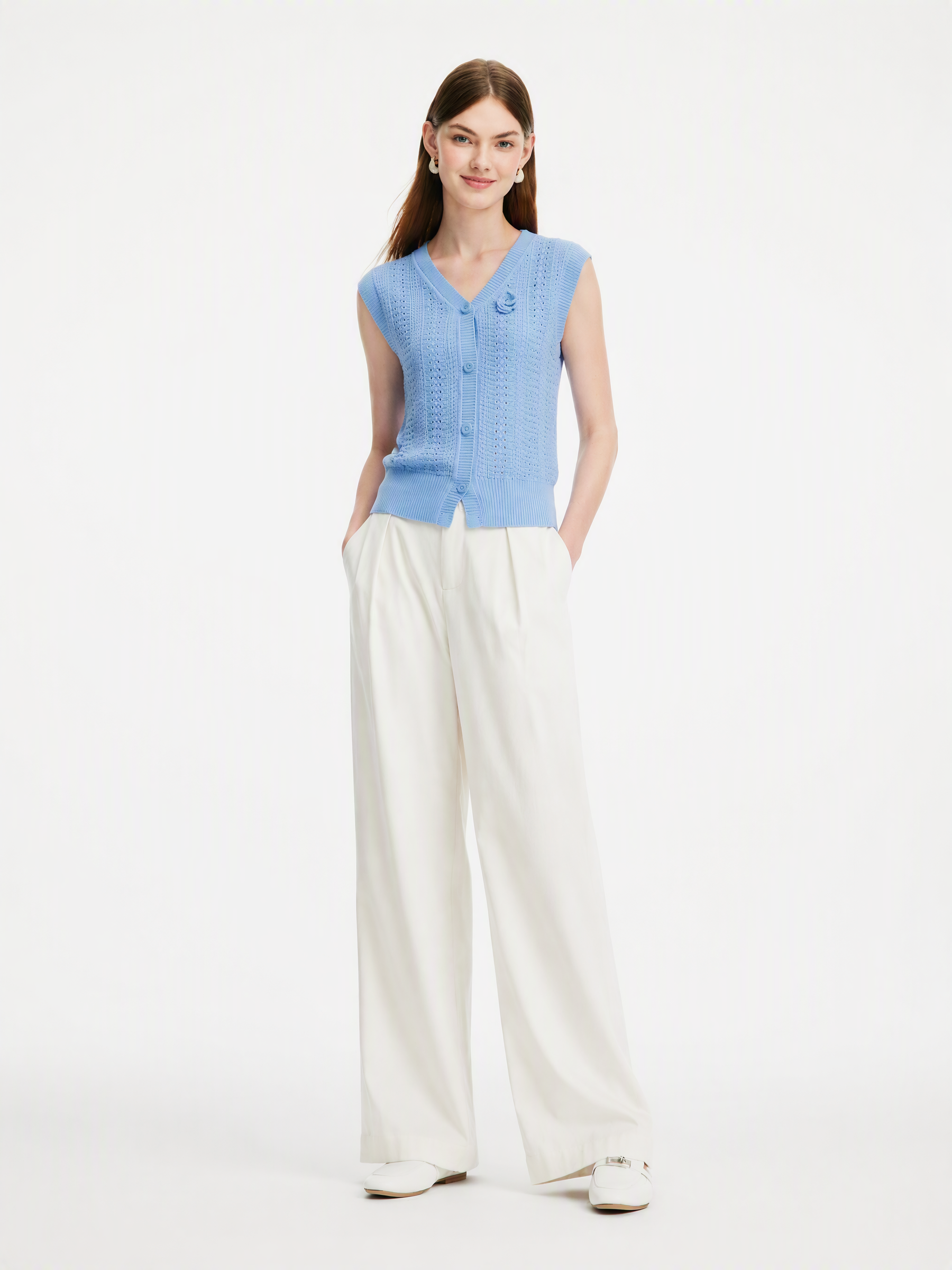 100% Cotton Textured Women Knit Vest With Detachable Knit Flower GOELIA