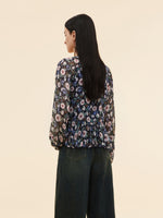 10MM Mulberry Silk Floral Print Women Ruffle V-Neck Blouse GOELIA