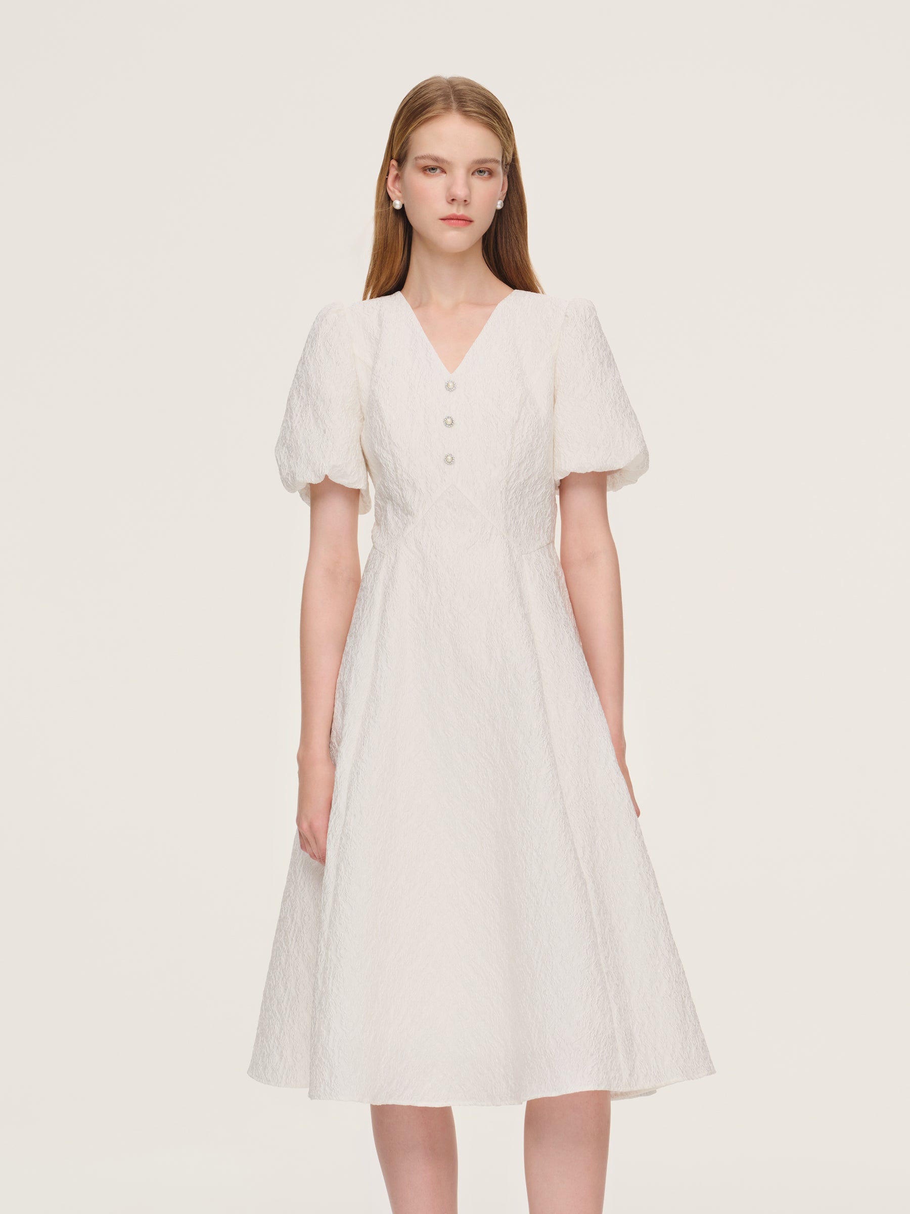 Jacquard Puff Sleeve Women Midi Dress GOELIA