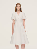 Jacquard Puff Sleeve Women Midi Dress GOELIA