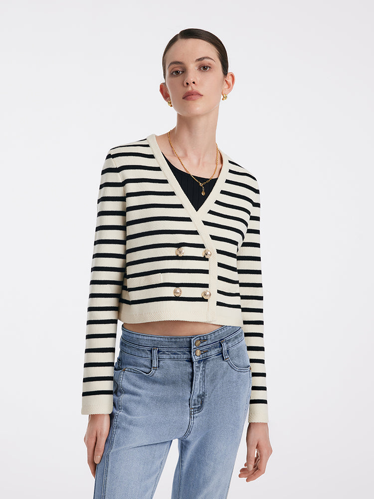 V-Neck Striped Double-Breasted Knitted Cardigan GOELIA