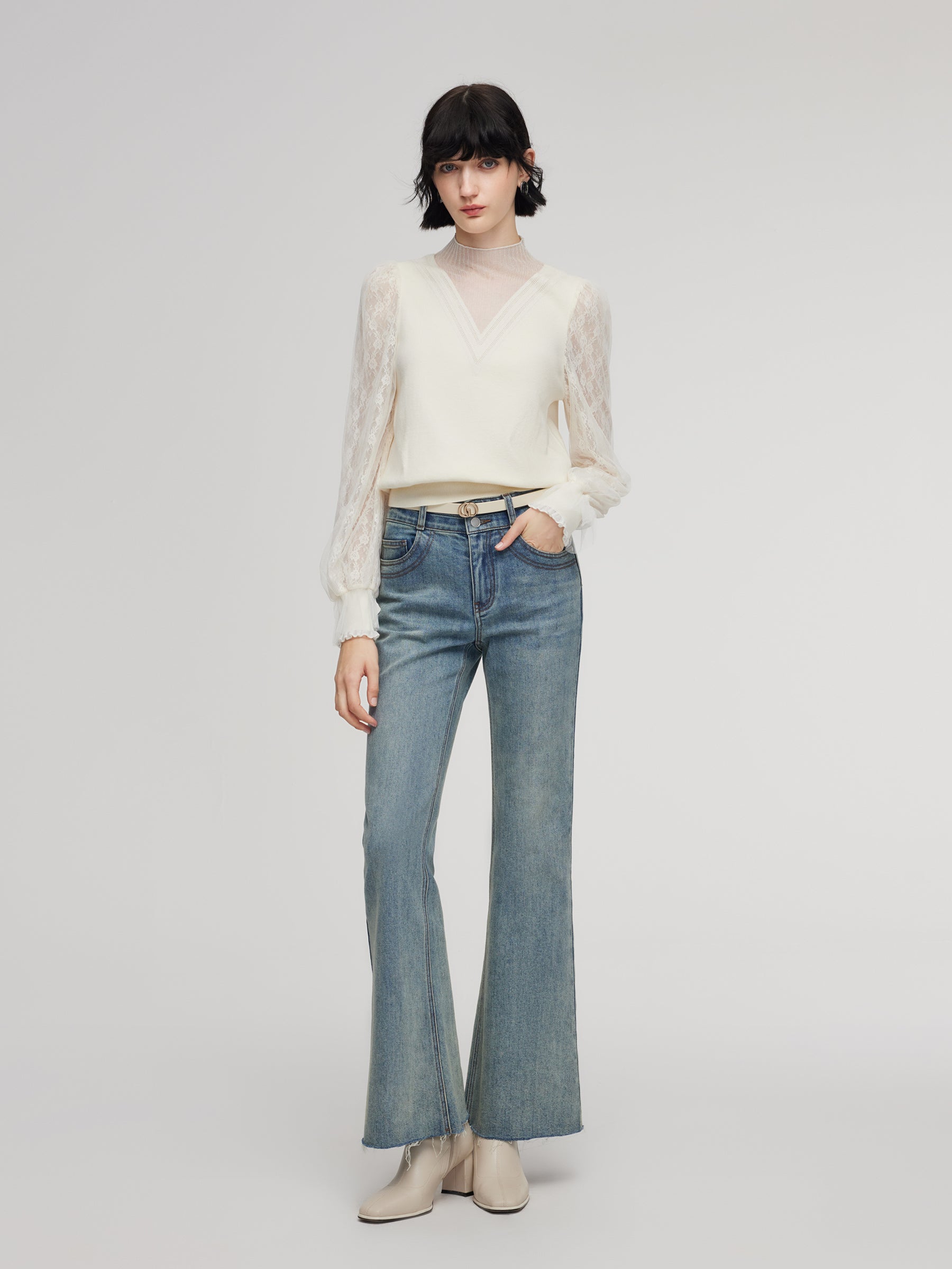 Tencel Wool Blend Lace Patchwork Women Knit Top GOELIA