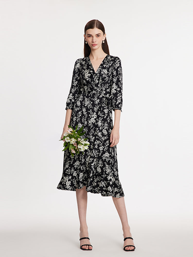 Camellia Printed V-Neck Ruffle Hem Women Midi Wrap Dress GOELIA
