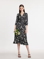 Camellia Printed V-Neck Ruffle Hem Women Midi Wrap Dress GOELIA