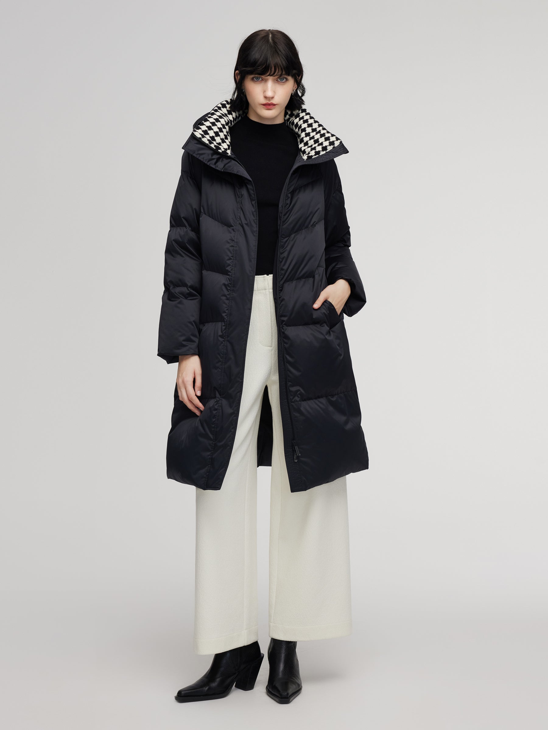 [Preview] Patchwork Knit Collar Hooded Long Goose Down Coat GOELIA