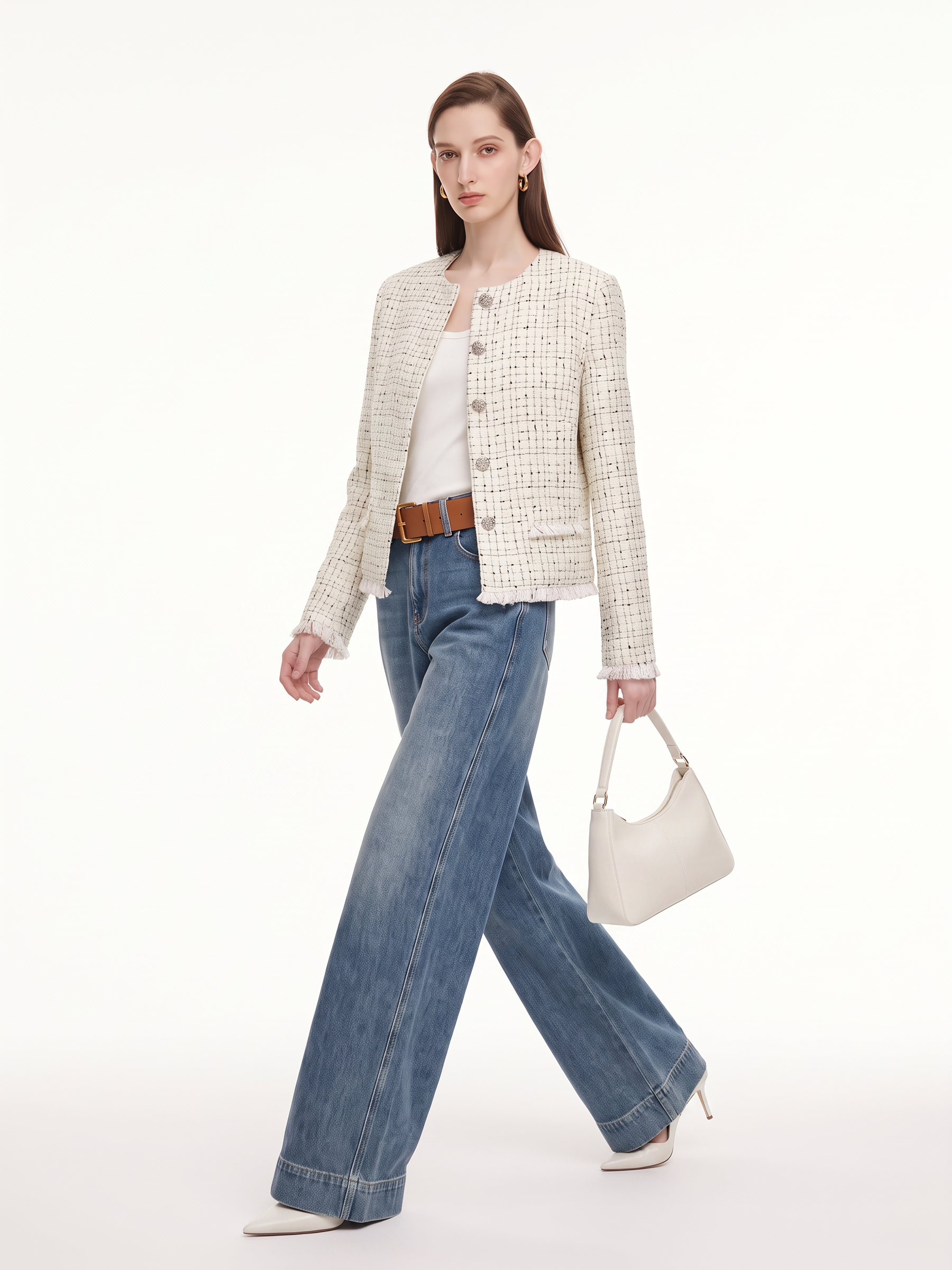 Wool Blend Tweed Fringe Hem Women Jacket GOELIA