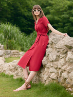 Petal Sleeves Gathered Waist V-Neck Women Midi Dress With Belt GOELIA
