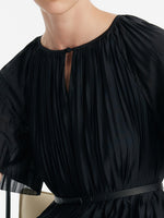 Pleated Round Neck Women Midi Dress With Leather Belt GOELIA
