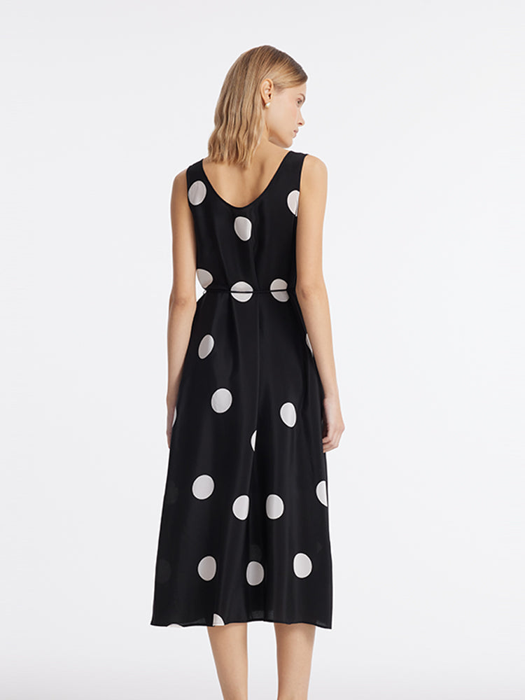 16 Momme Mulberry Silk Polka Dots Printed Women Vest Midi Dress With Belt And Rose Clip And Bottomed Skirt GOELIA