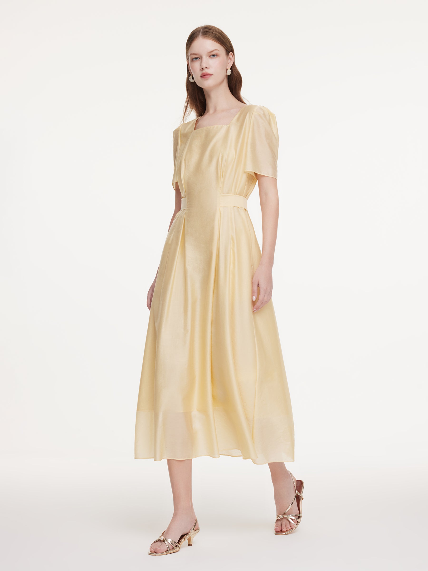 Pre-Order Tencel Blend Square Neck Women Gather-Waisted Maxi Dress, Vanillla / XL