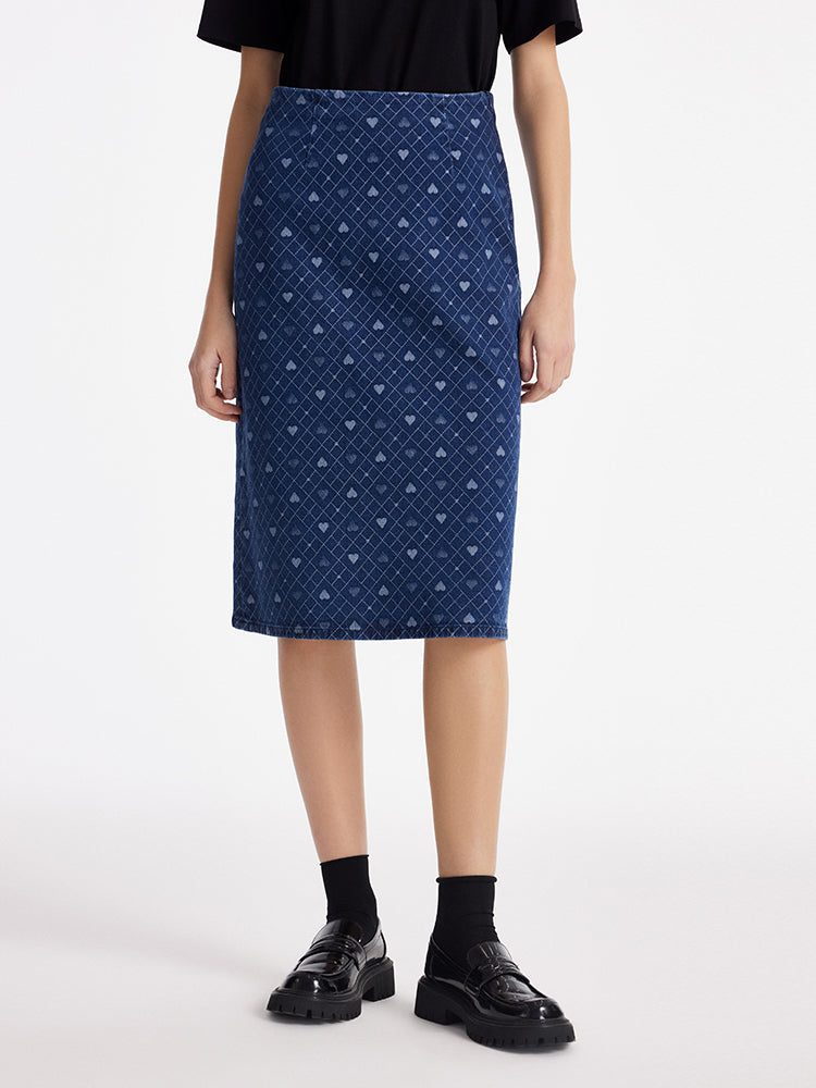 Denim Slit Heart Jacquard Women Skirt GOELIA