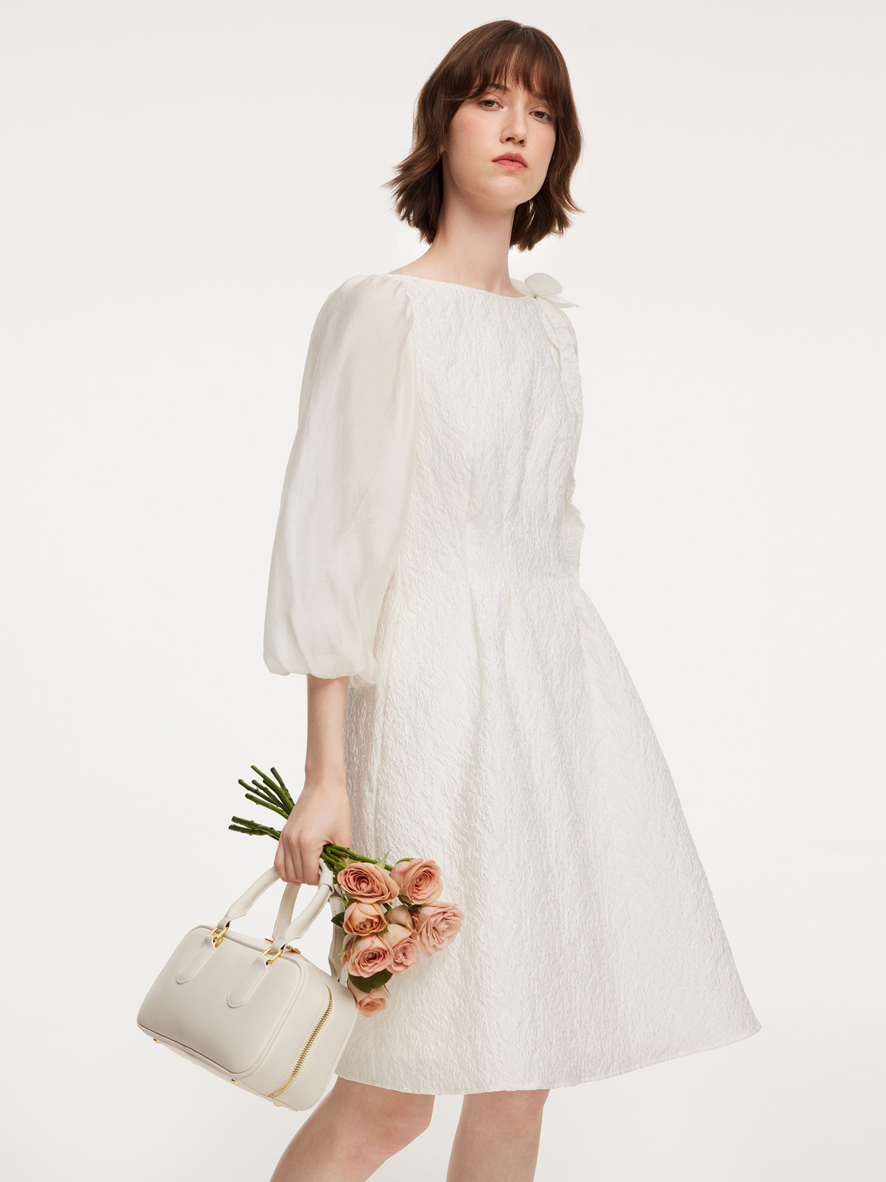 [Preview] Jacquard Boat Neck Women Midi Dress With Detachable Flower GOELIA