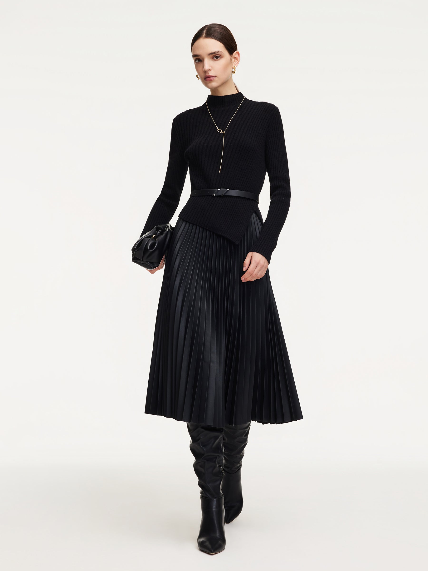 [Preview] 100% Wool Knit Top And PU Leather Skirt Two-Piece Set With Belt GOELIA