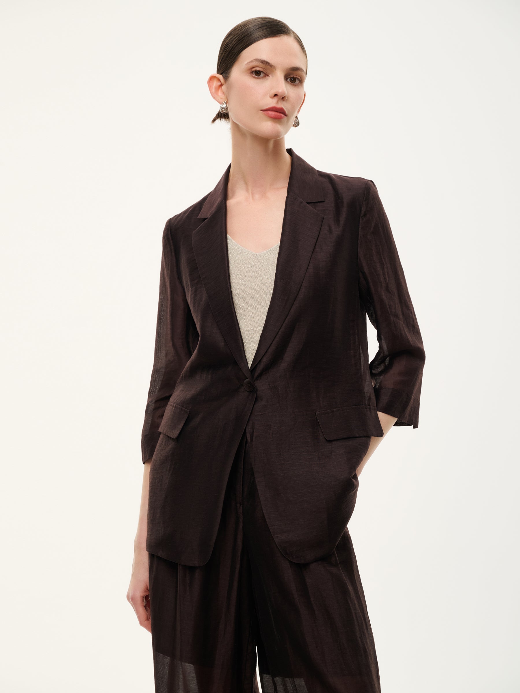 Tencel Linen Blend 3/4 Sleeve Women Blazer GOELIA