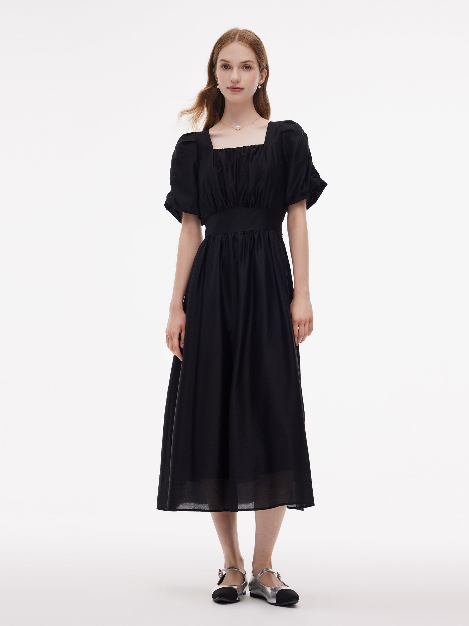 Tencel Blend Square Neck Women Puff Sleeve Maxi Dress GOELIA
