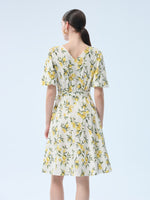 Cotton Lemon Print V-Neck Women Belted Midi Dress GOELIA