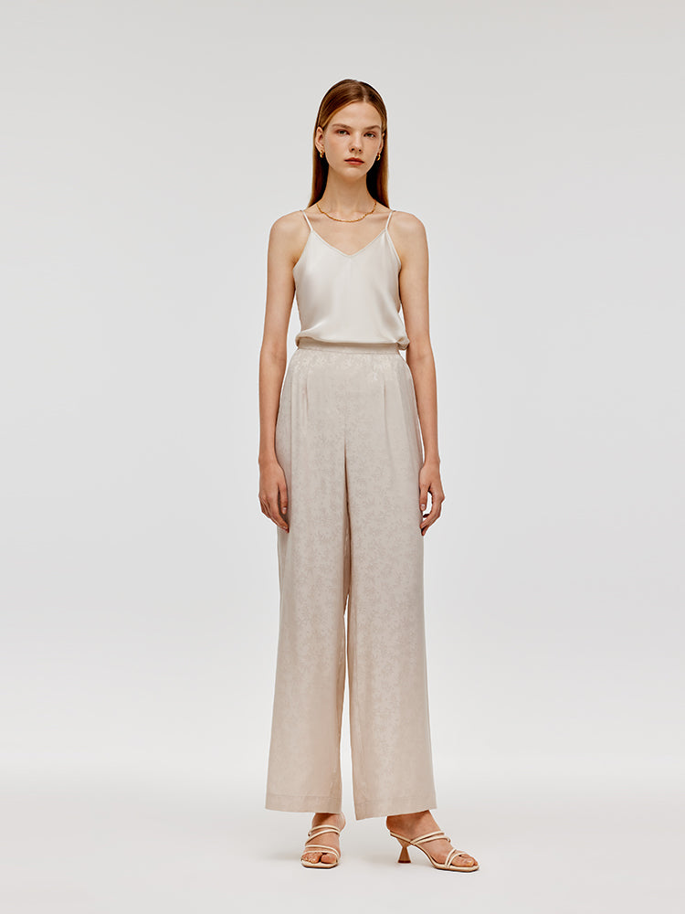 16 Momme Mulberry Silk Jacquard Women Wide Leg Pants GOELIA