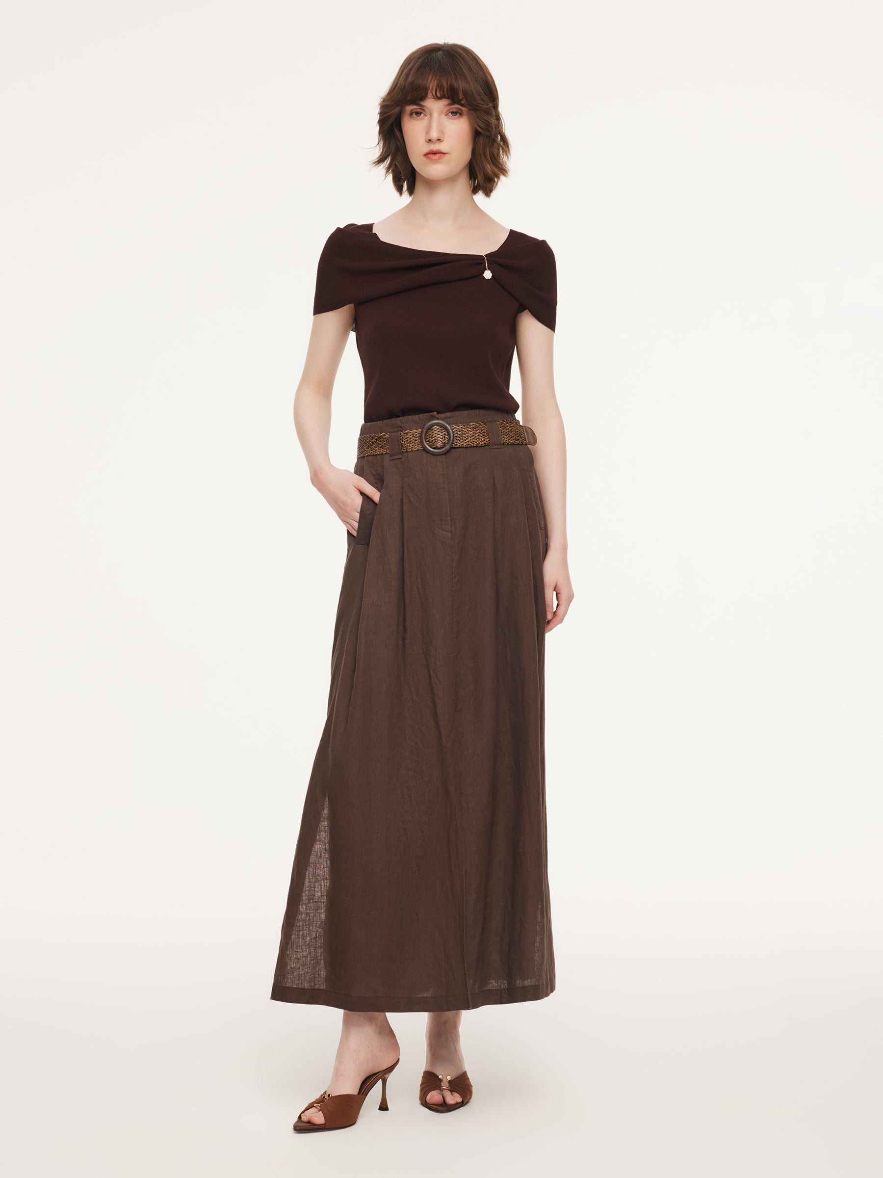 100% Linen A-Line Women Skirt With Braided Belt GOELIA